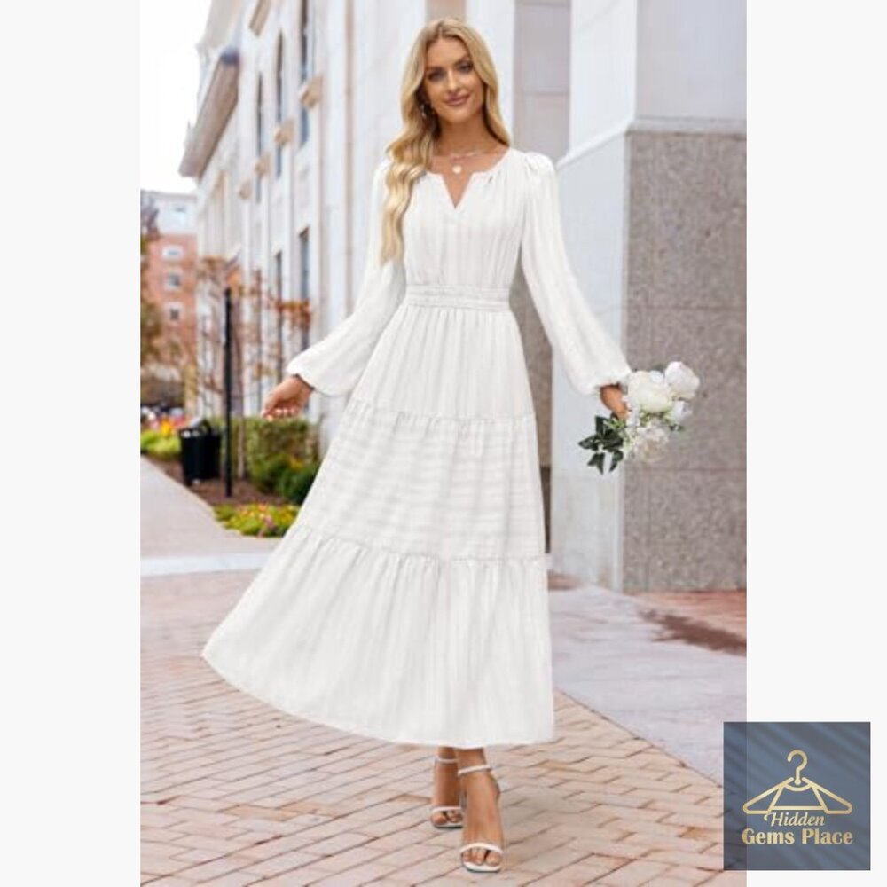 Long Sleeve V-Neck Tiered Cotton Maxi Dress with Pockets - Picture 6 of 7